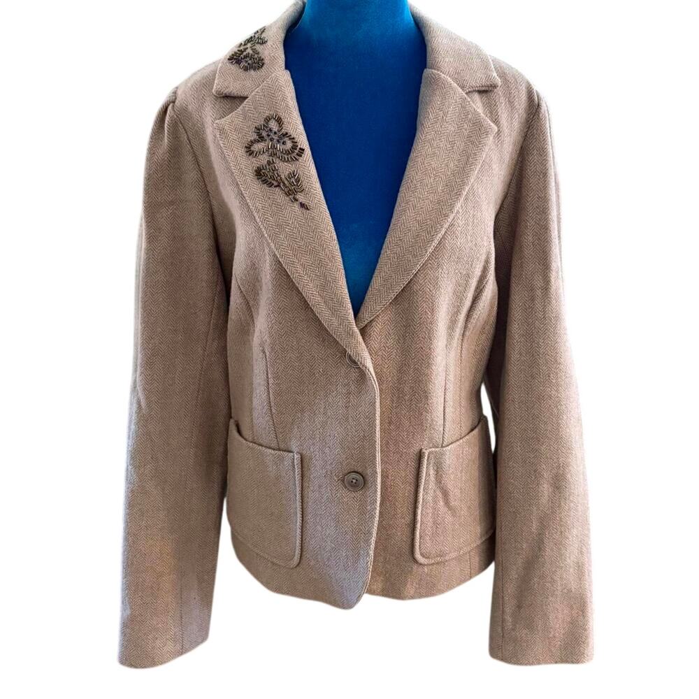 Vintage Y2K Beaded Jeweled Wool Herringbone Tweed Blazer Jacket Glam Preppy